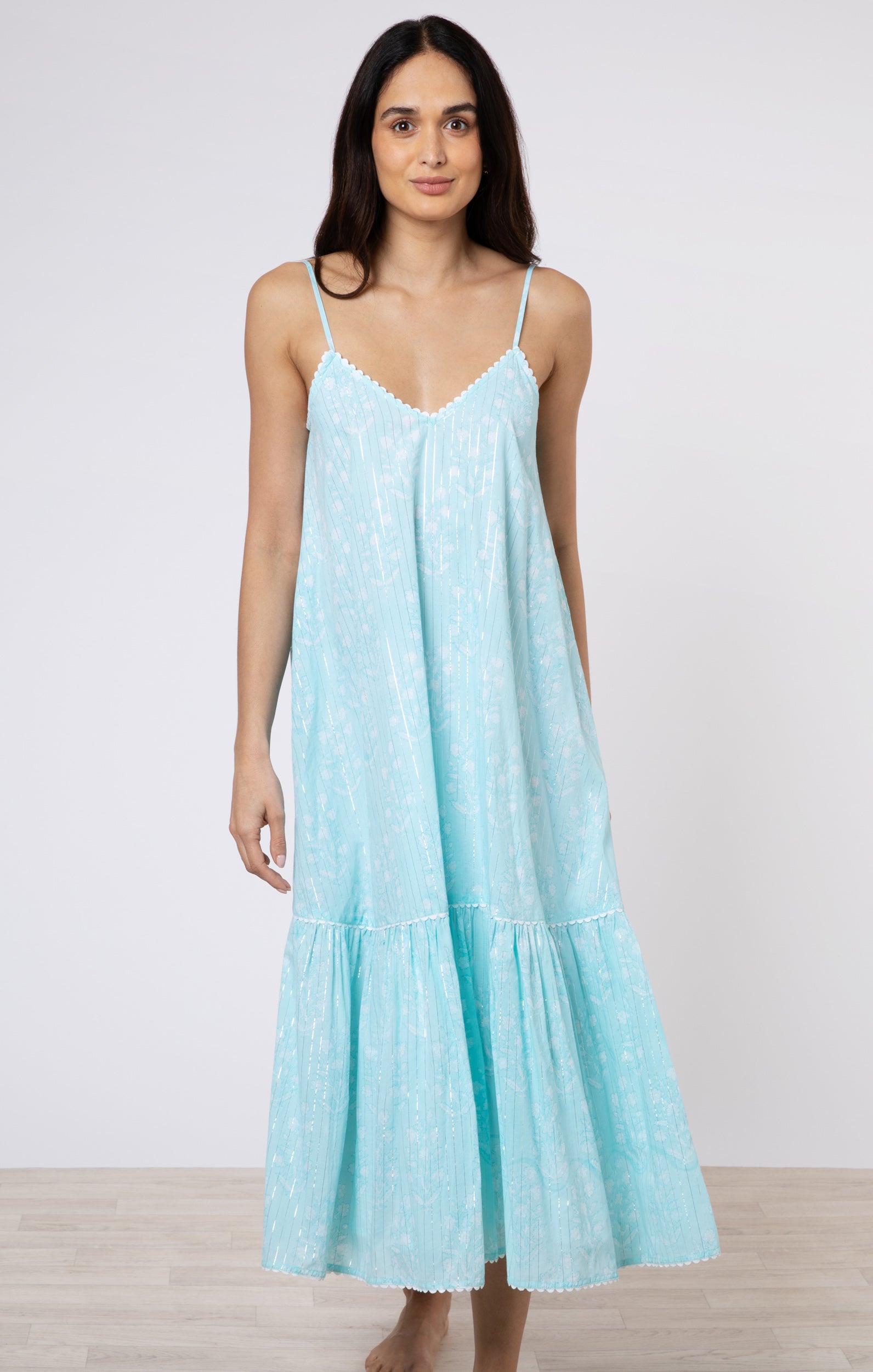 Turquoise V Neck Midi Dress in Small Flower Print → Juliet Dunn