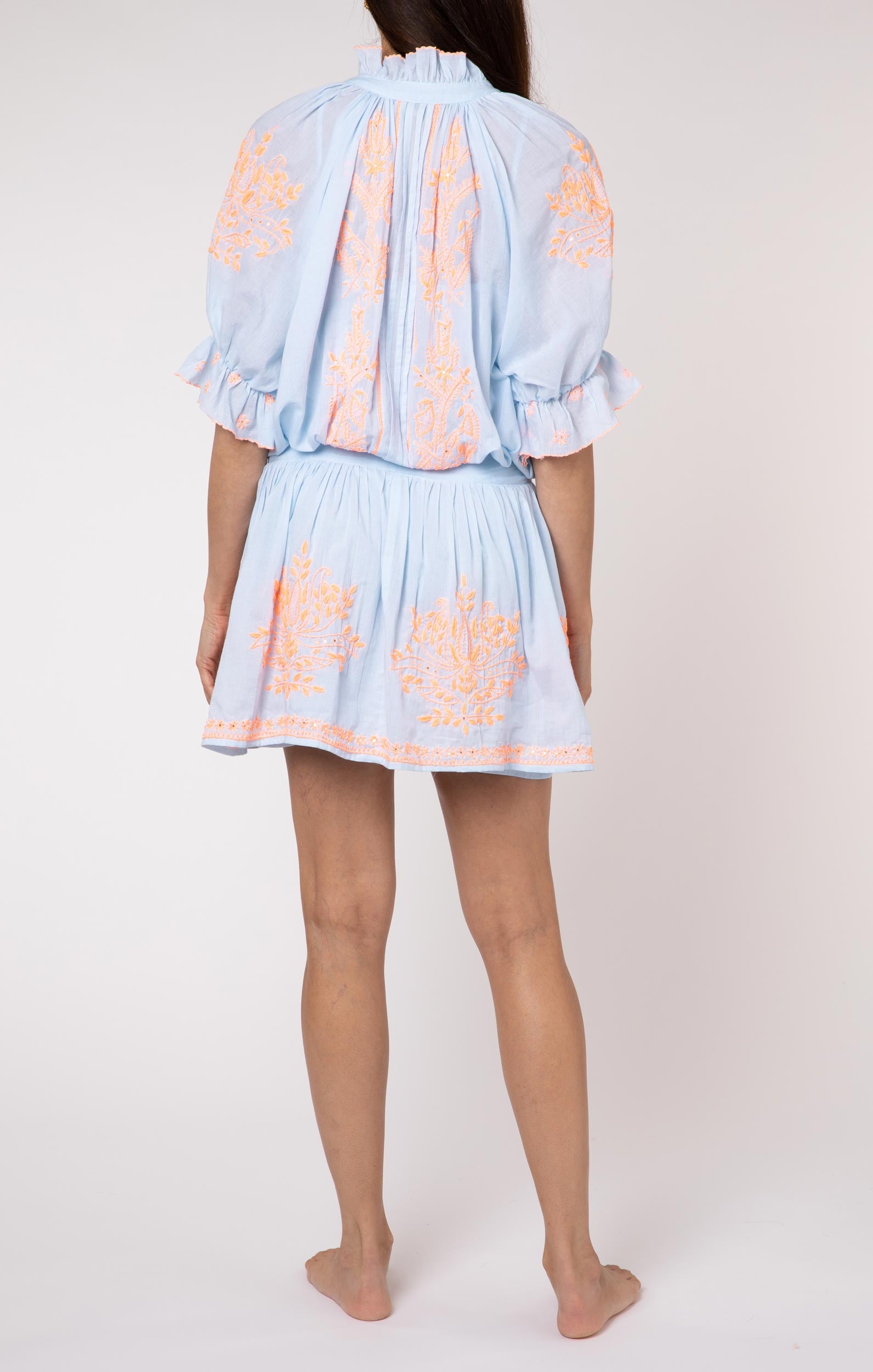 Pale Blue Blouson Dress with Neon Peach Hand Embroidery → Juliet Dunn