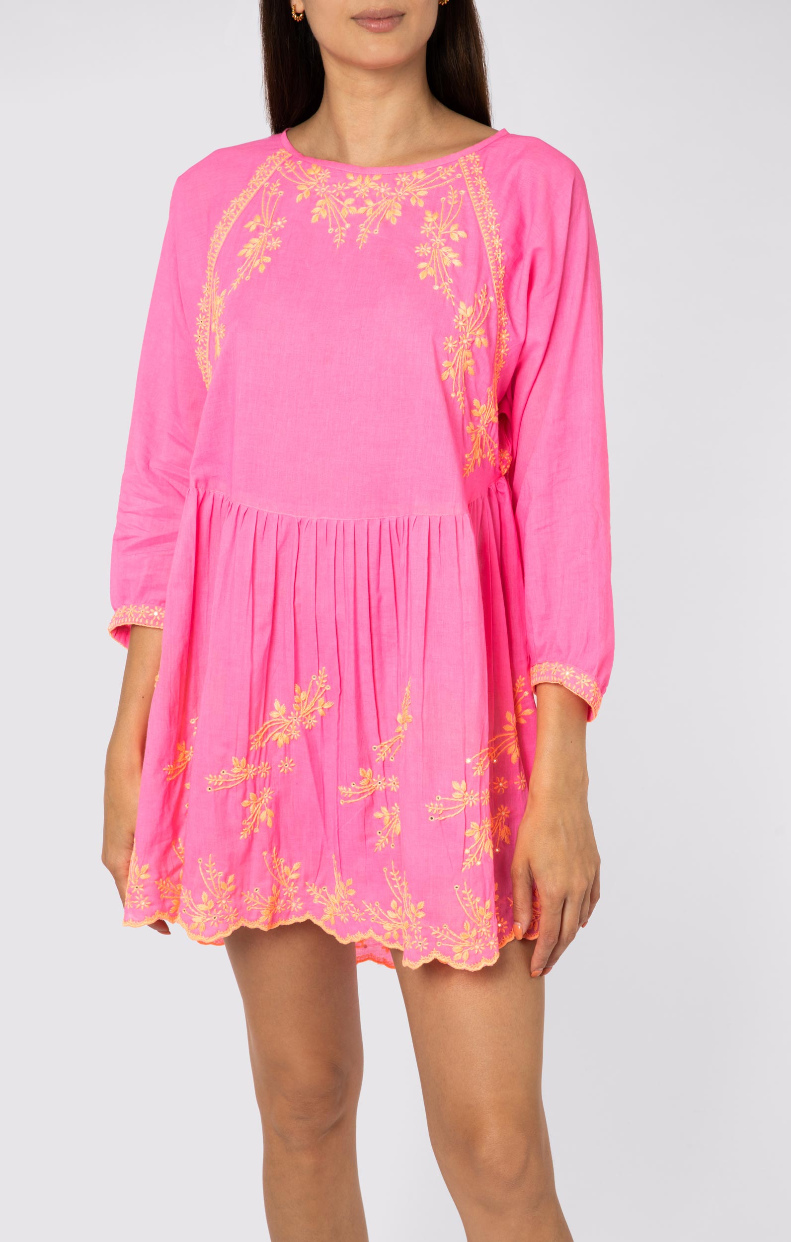 Pale Pink Long Sleeve Beach Dress with Cut Out Embroidery
