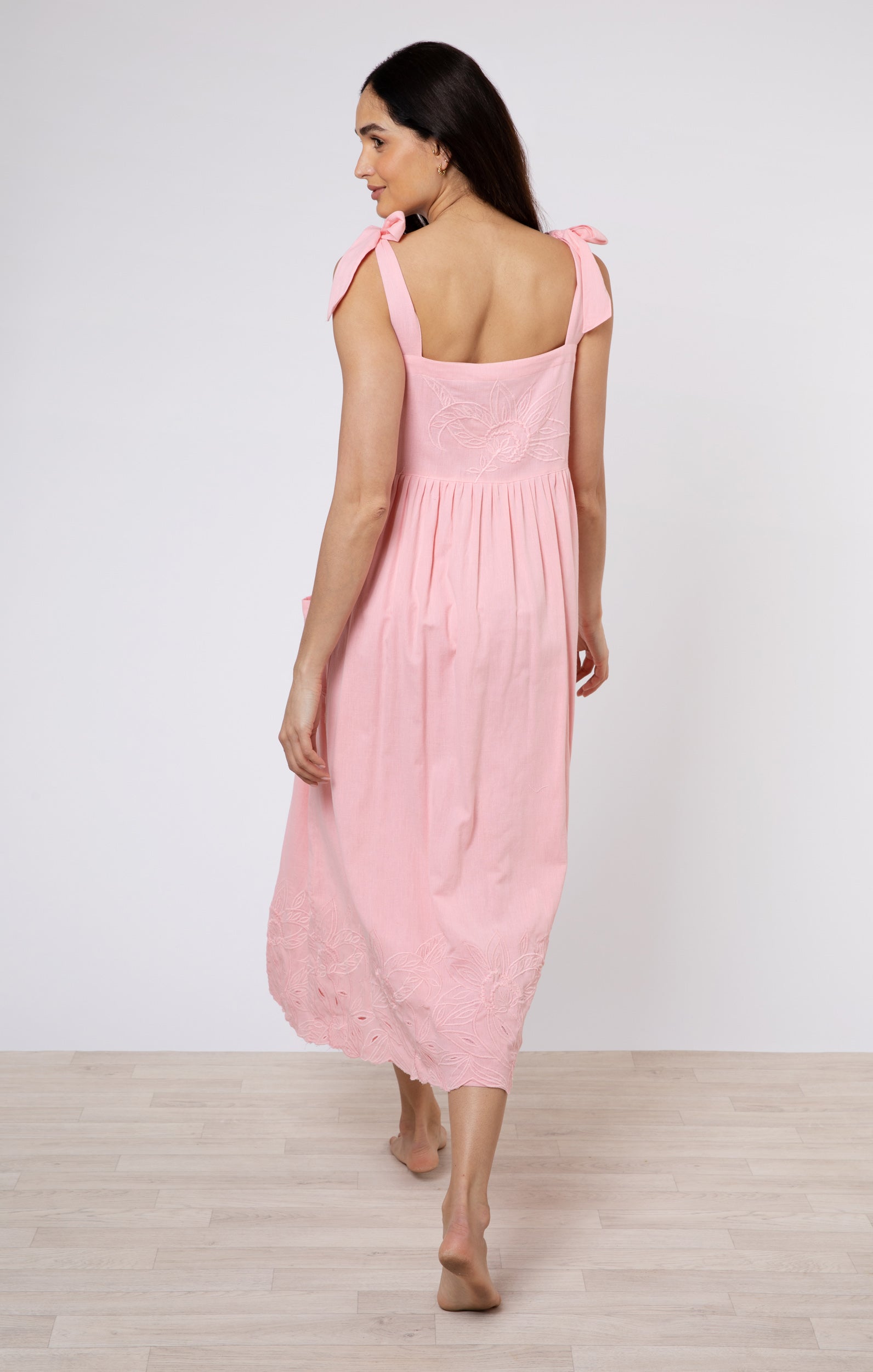 Tie Shoulder Dress with Cut Out Embroidery in Flamingo Pink → Juliet Dunn  London