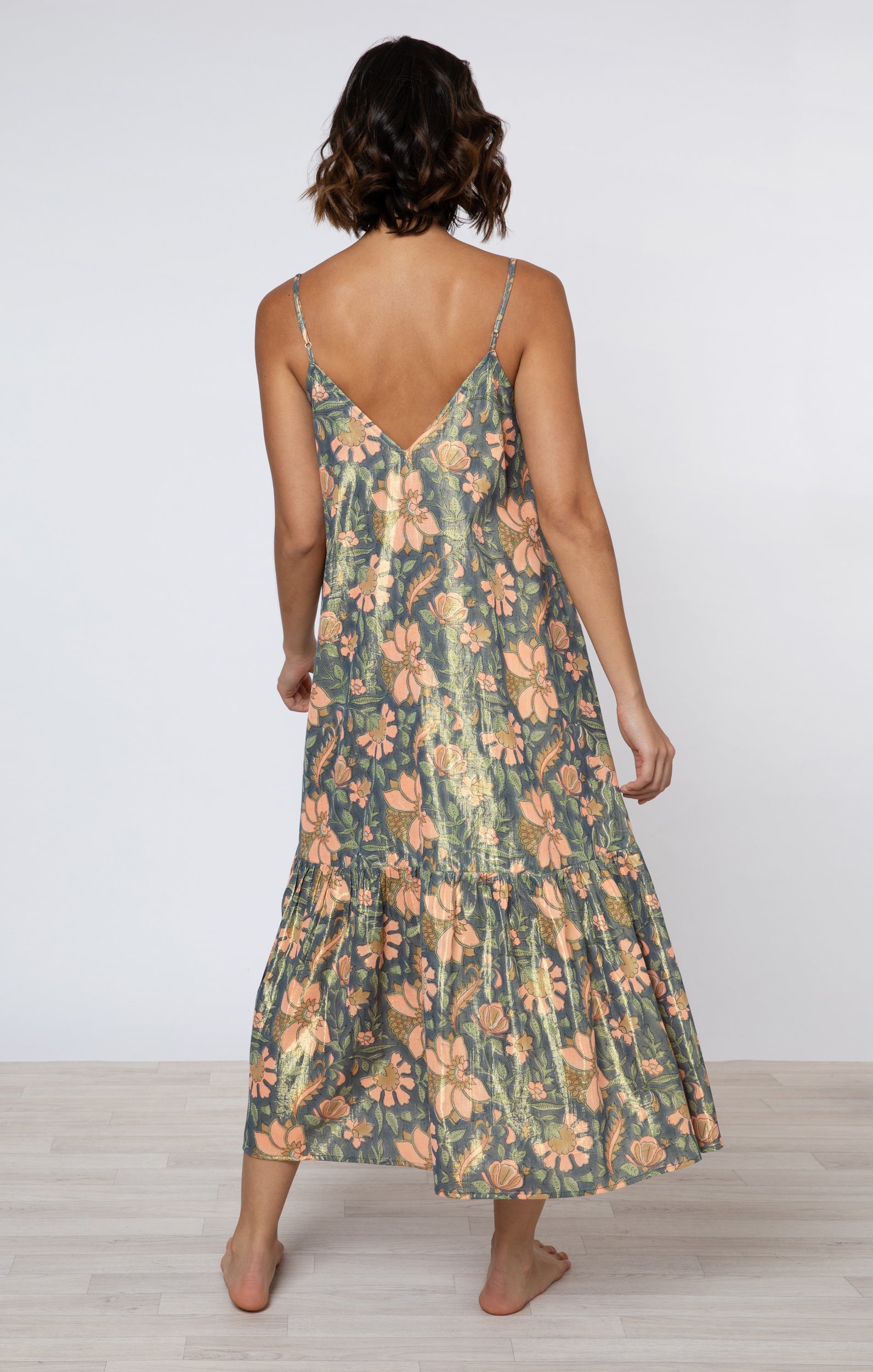 V Neck Midi Dress in Navy Lame Floral Print → Juliet Dunn London