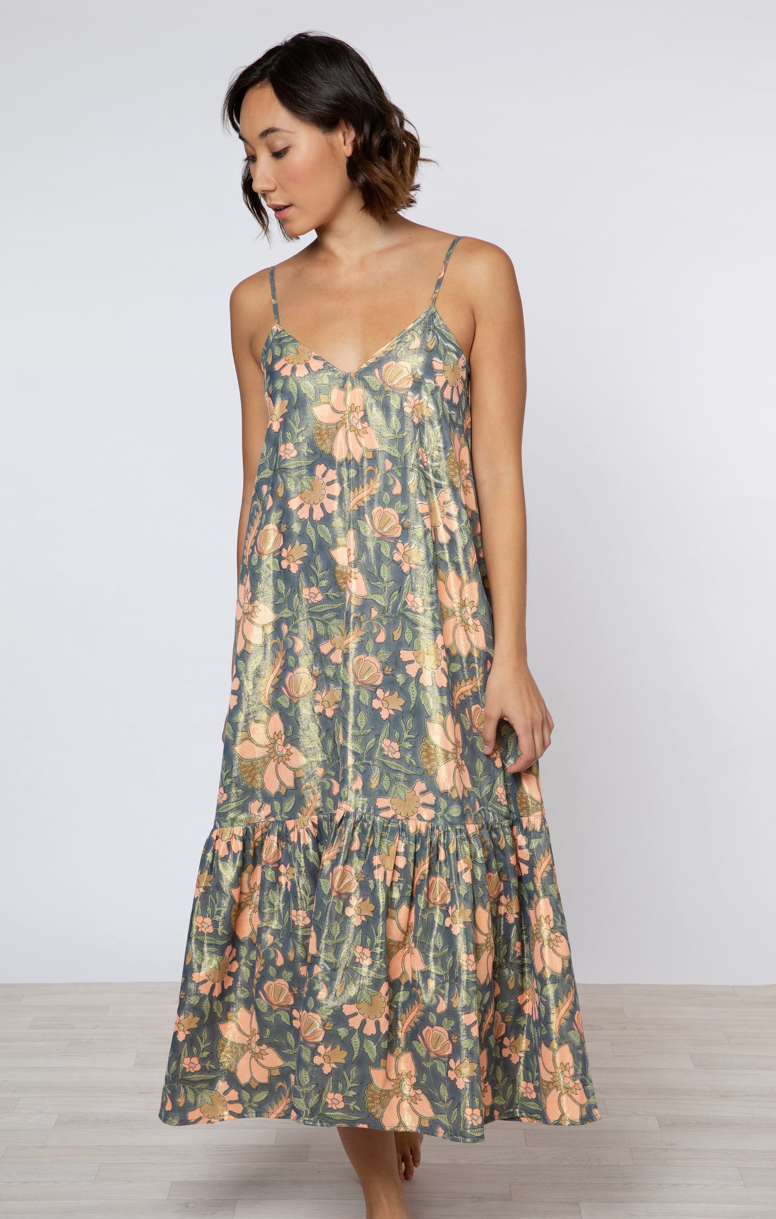 V Neck Midi Dress in Navy Lame Floral Print → Juliet Dunn London