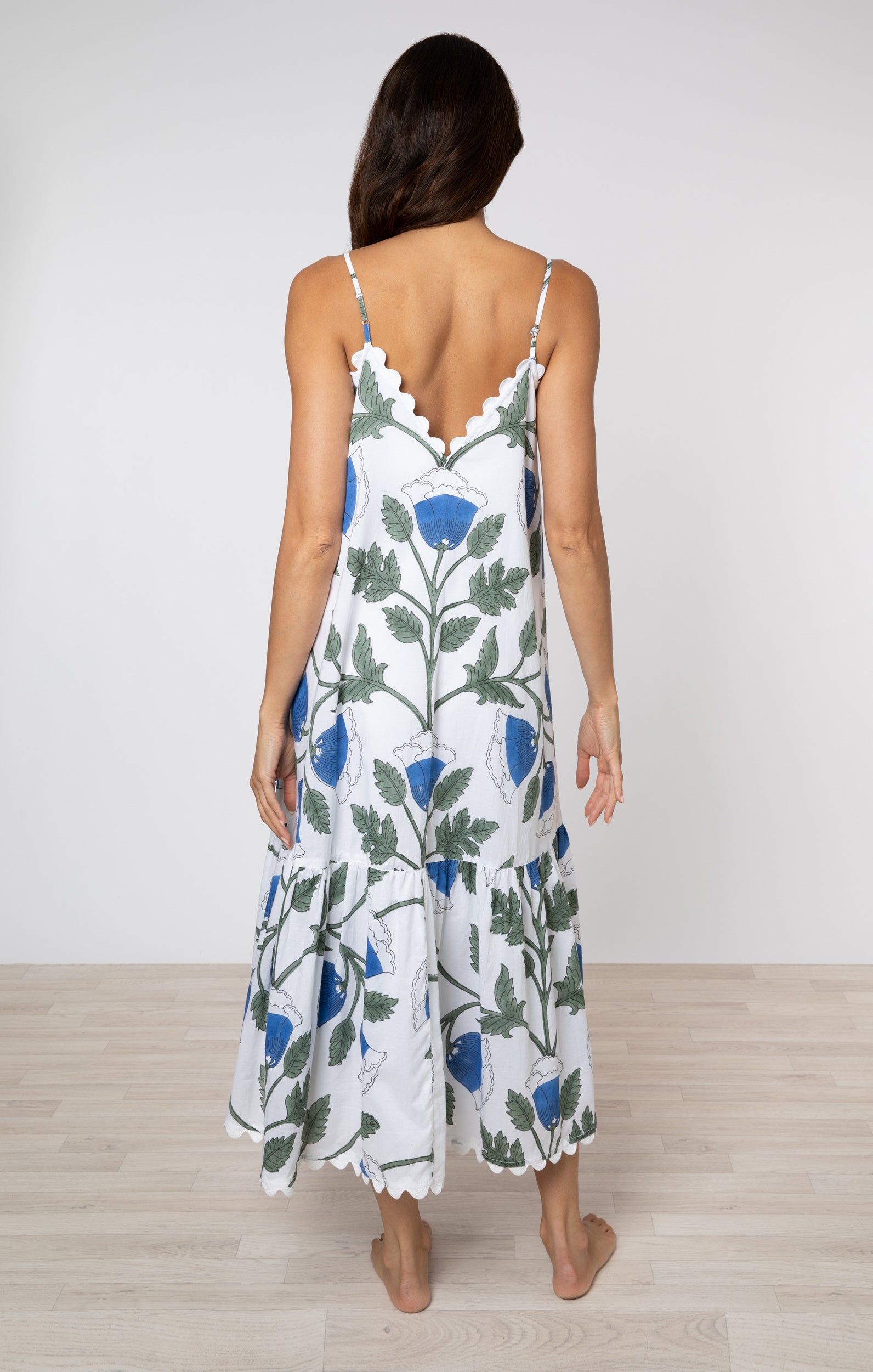 Bellflower Block Print V Neck Midi Dress in Klein Blue → Juliet