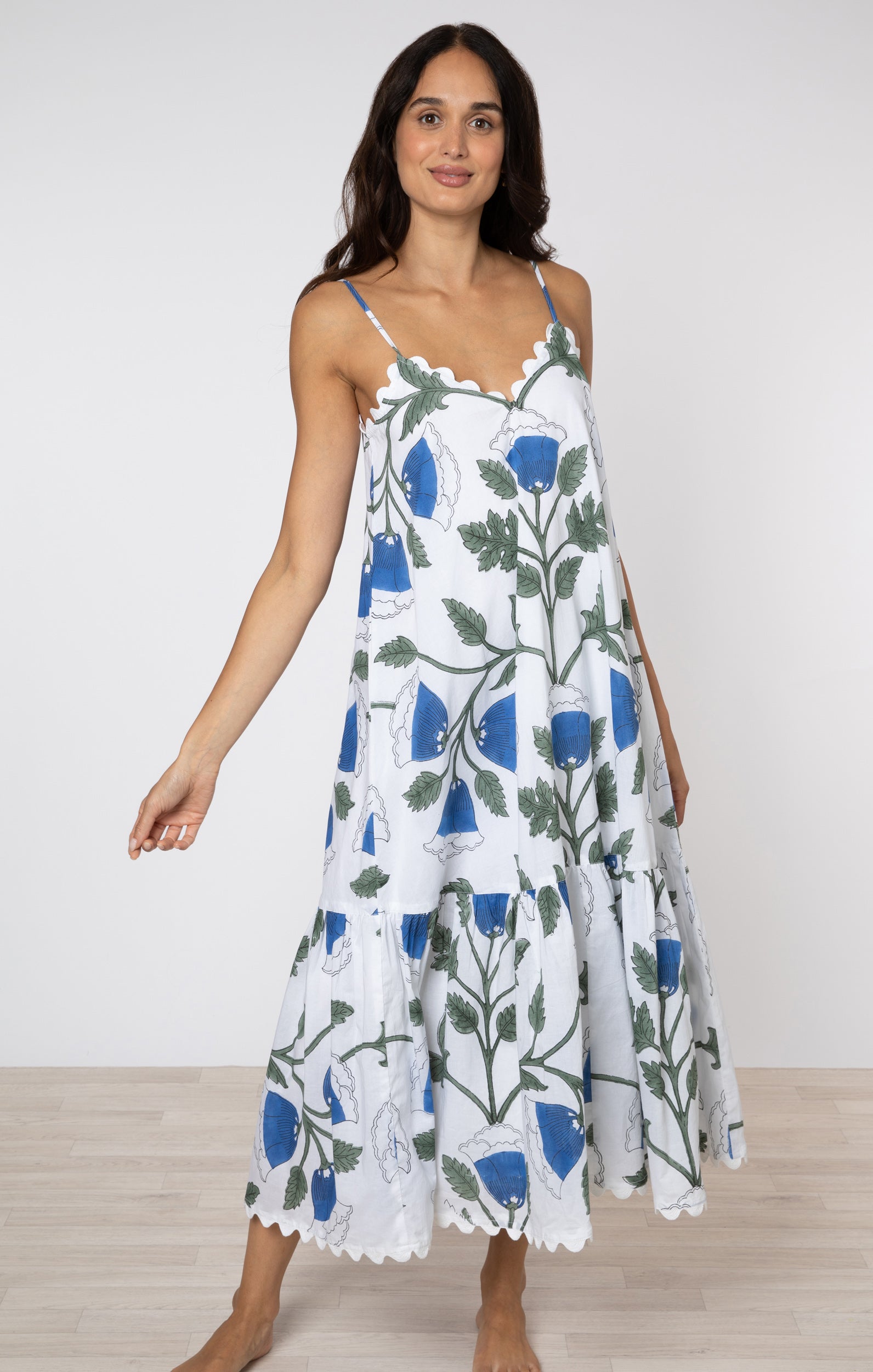 Bellflower Block Print V Neck Midi Dress in Klein Blue → Juliet