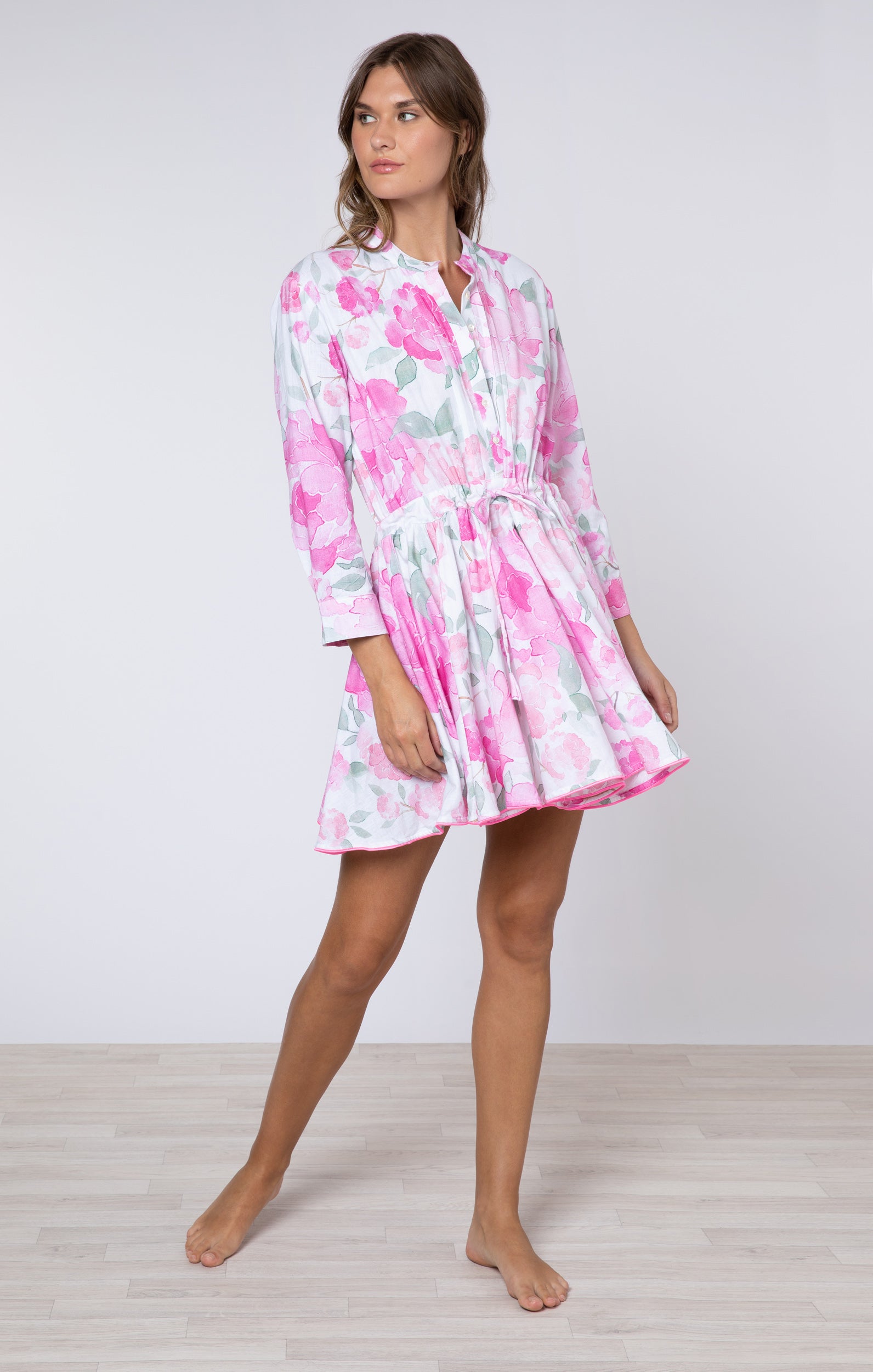 Pink Peony Print Long Sleeve Beach Dress Juliet Dunn London