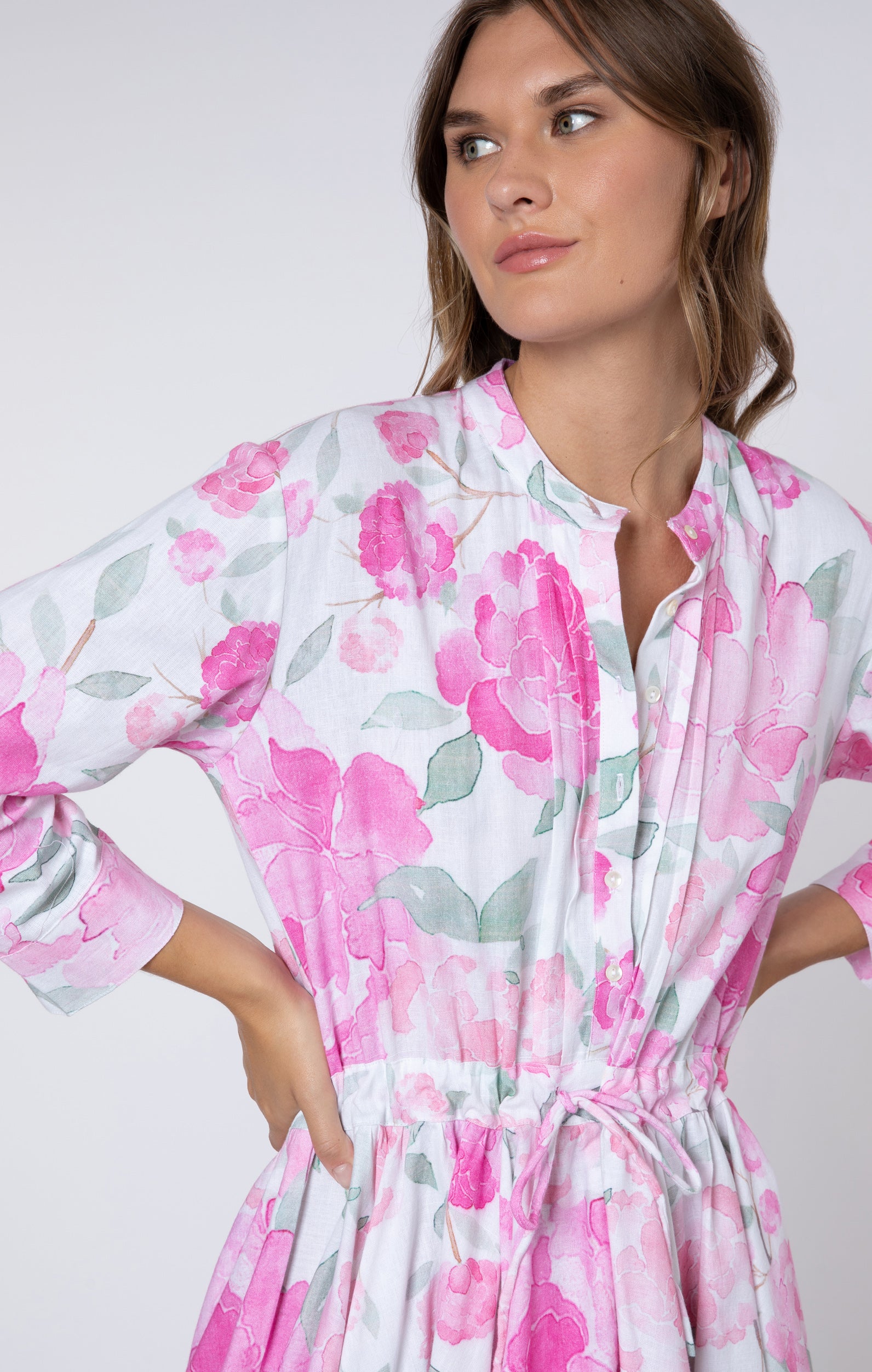 Pink Peony Print Long Sleeve Beach Dress Juliet Dunn London