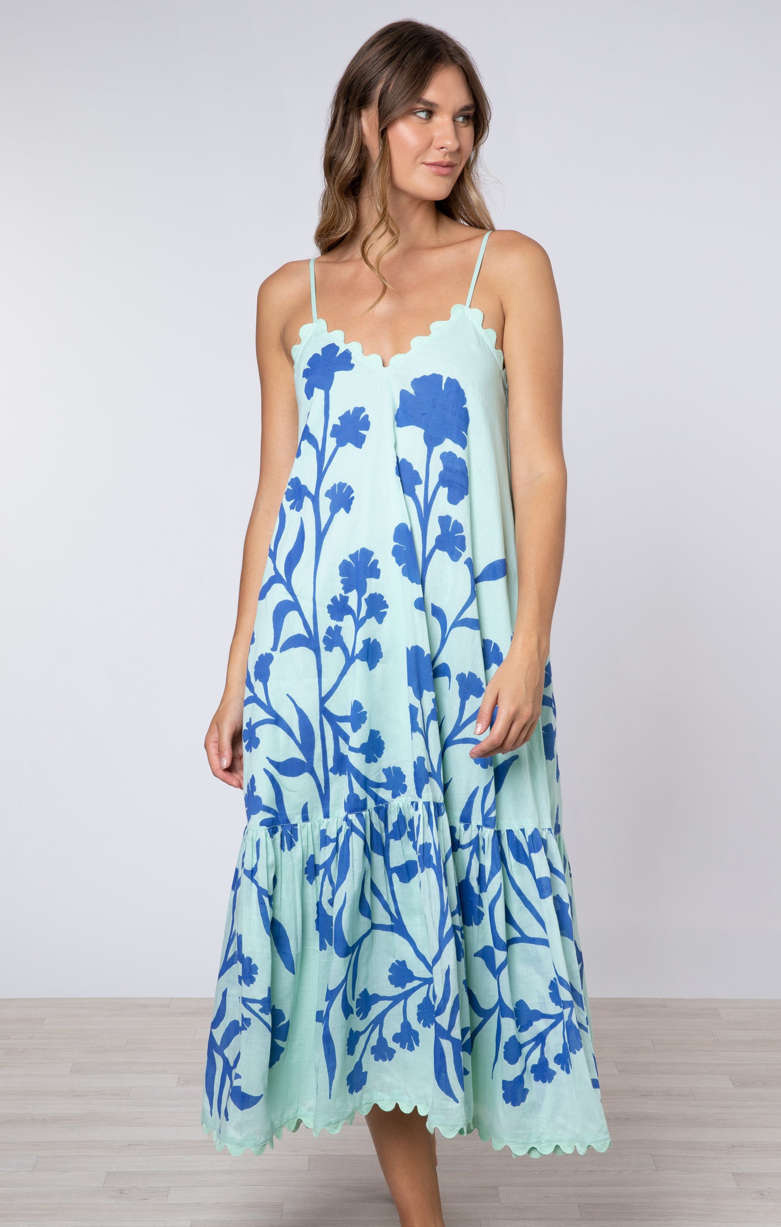 Aqua & Blue Majorelle Print V Neck Midi Dress with Ric Rac Trim → ...