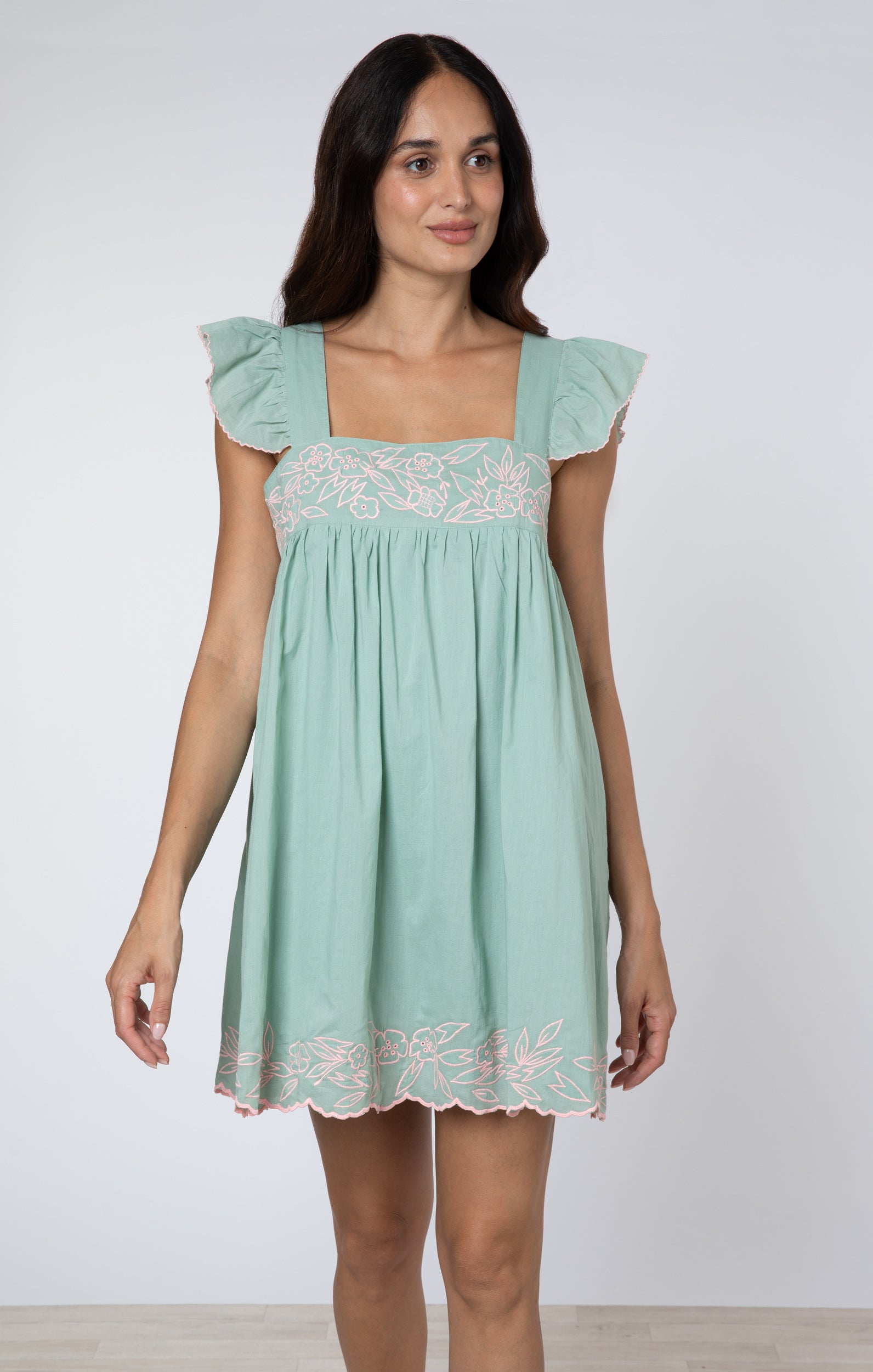 Sage Baby Doll Dress with Neon Embroidery Juliet Dunn London