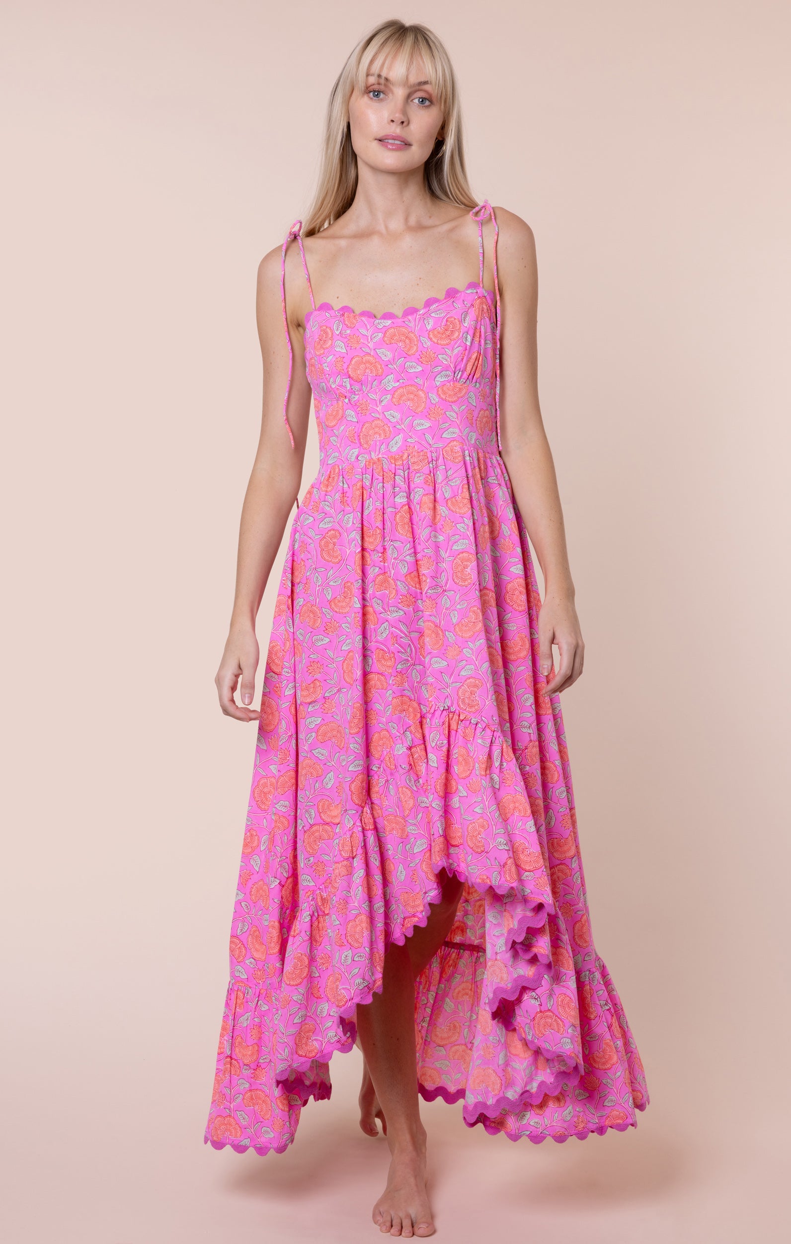 Fuchsia Ginkgo Print High-Low Floral Dress → Juliet Dunn London