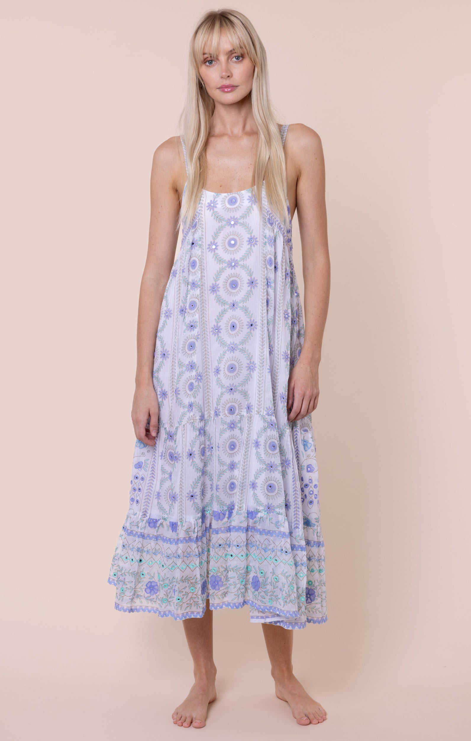 White & Blue Mexican Print Swing Dress with Mirrors Juliet Dunn London White & Blue Mexican Print Swing Dress with Mirrors Juliet Dunn London