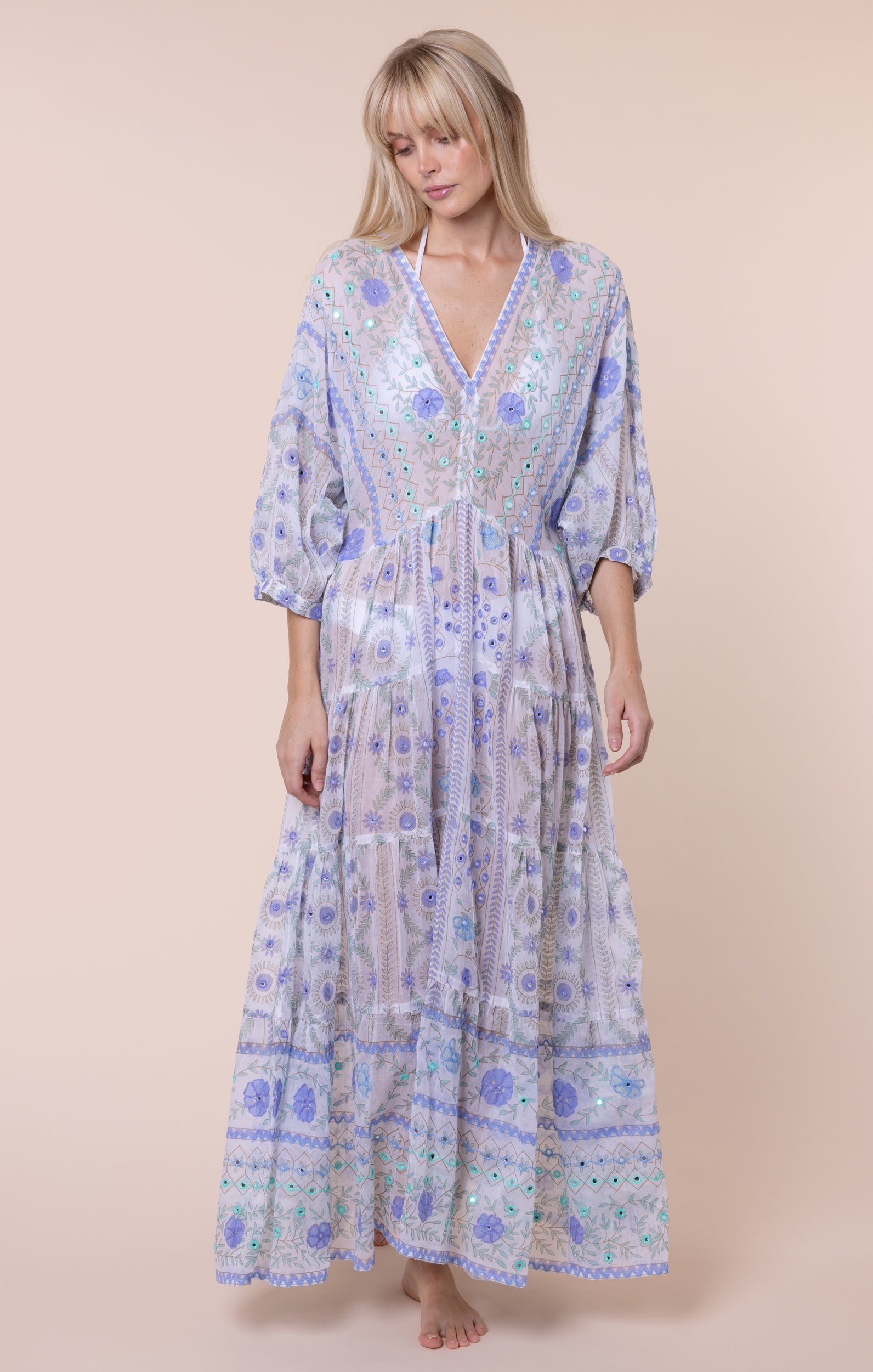 White & Blue Mexican Print V Neck Maxi Dress with Mirrors Juliet Dunn London White & Blue Mexican Print V Neck Maxi Dress with Mirrors Juliet Dunn London