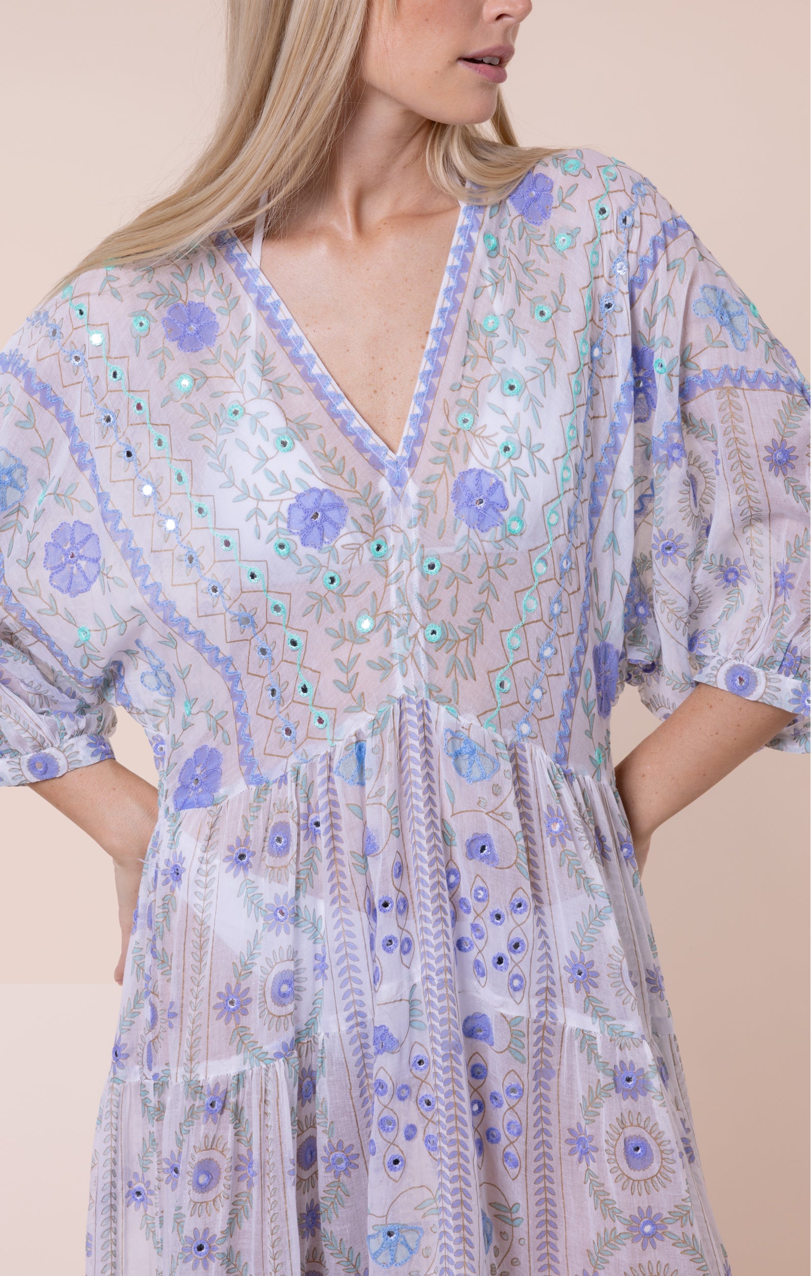 White & Blue Mexican Print V Neck Maxi Dress with Mirrors Juliet Dunn London White & Blue Mexican Print V Neck Maxi Dress with Mirrors Juliet Dunn London