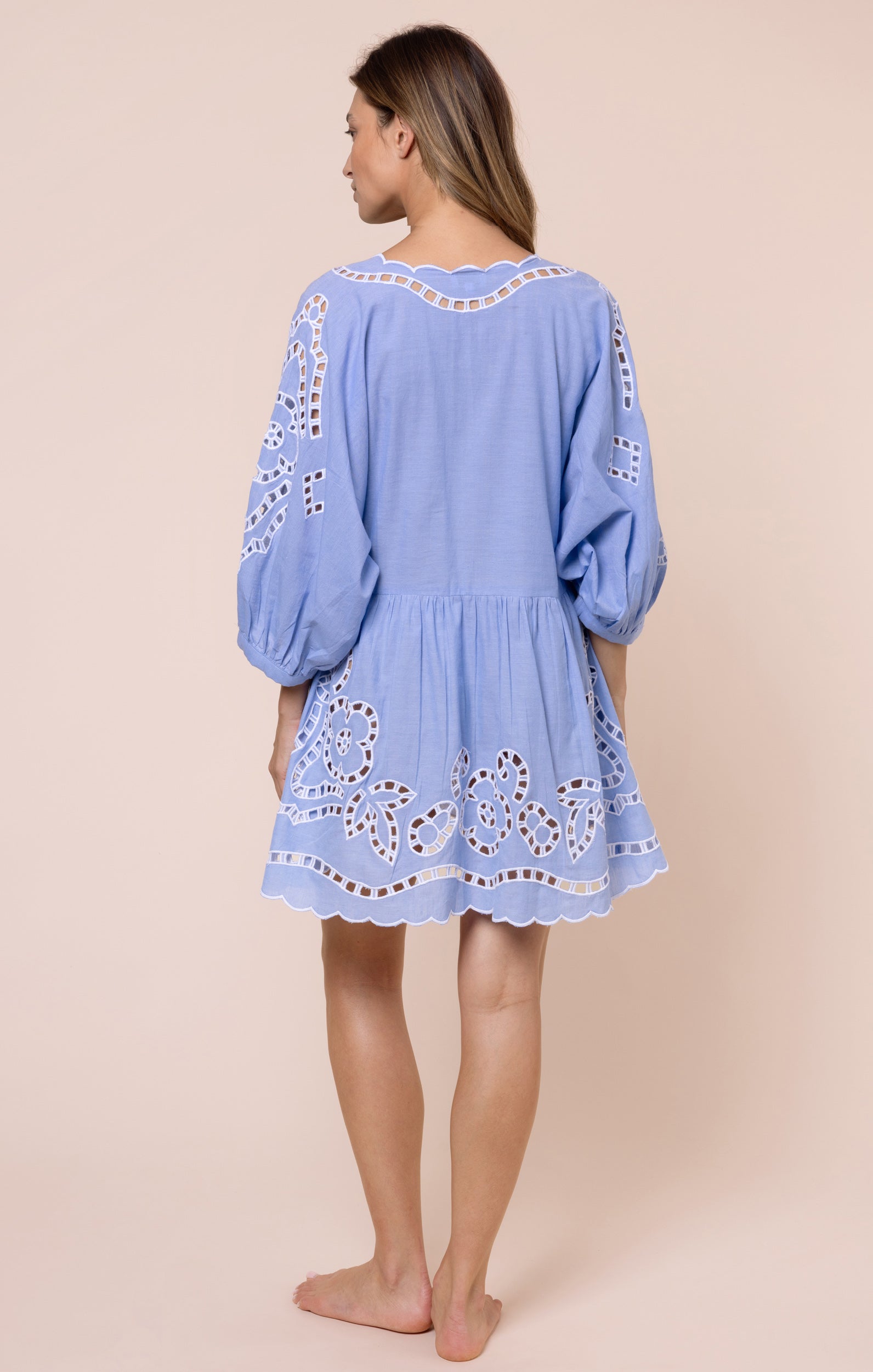 sachin and babi light blue dress Blue Loose Mini Dress with Oversized Cutwork → Juliet Dunn London