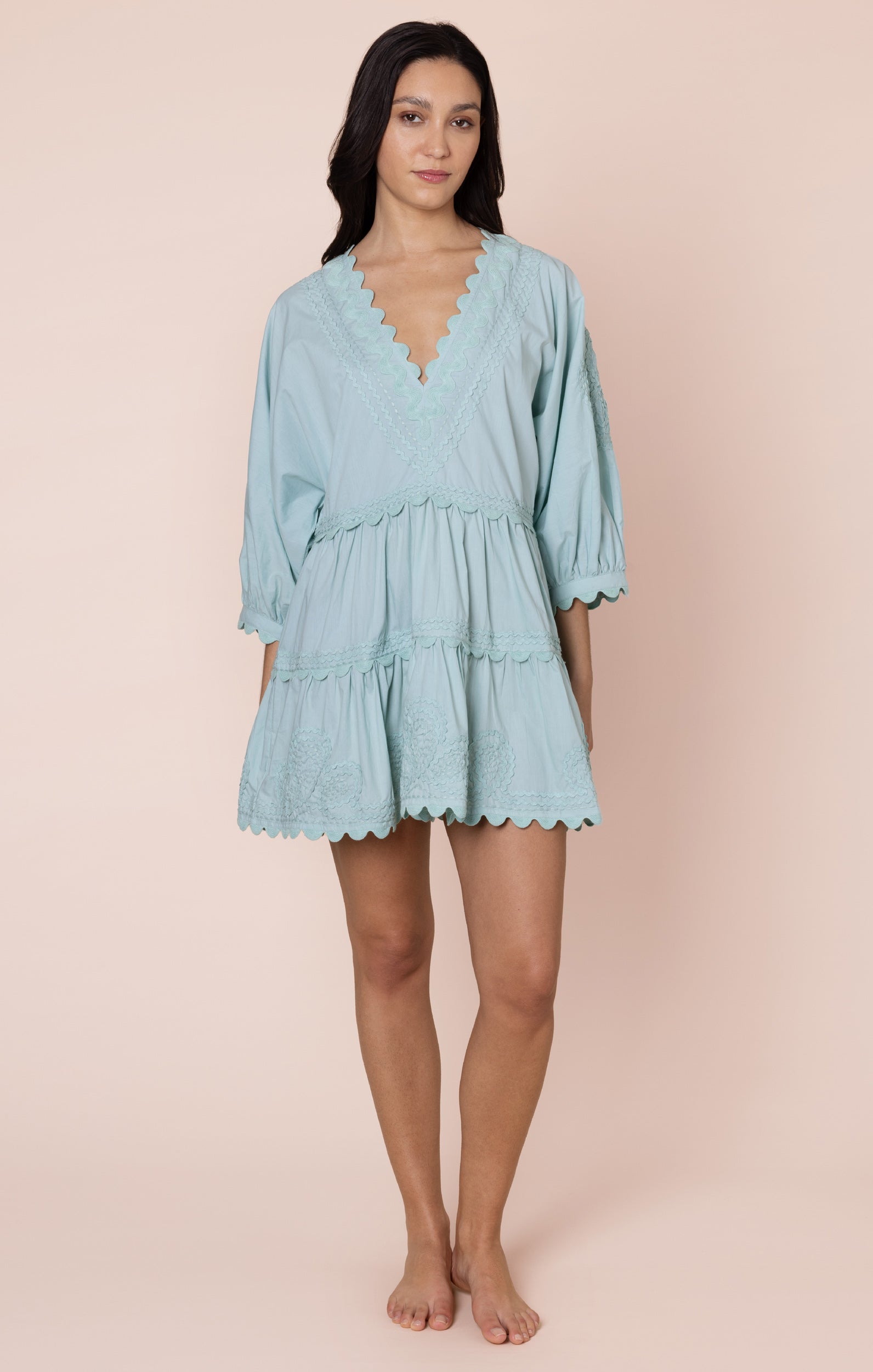 Pistachio Loose Mini Dress in Poplin with Ric Rac Embroidery → Juliet Dunn London