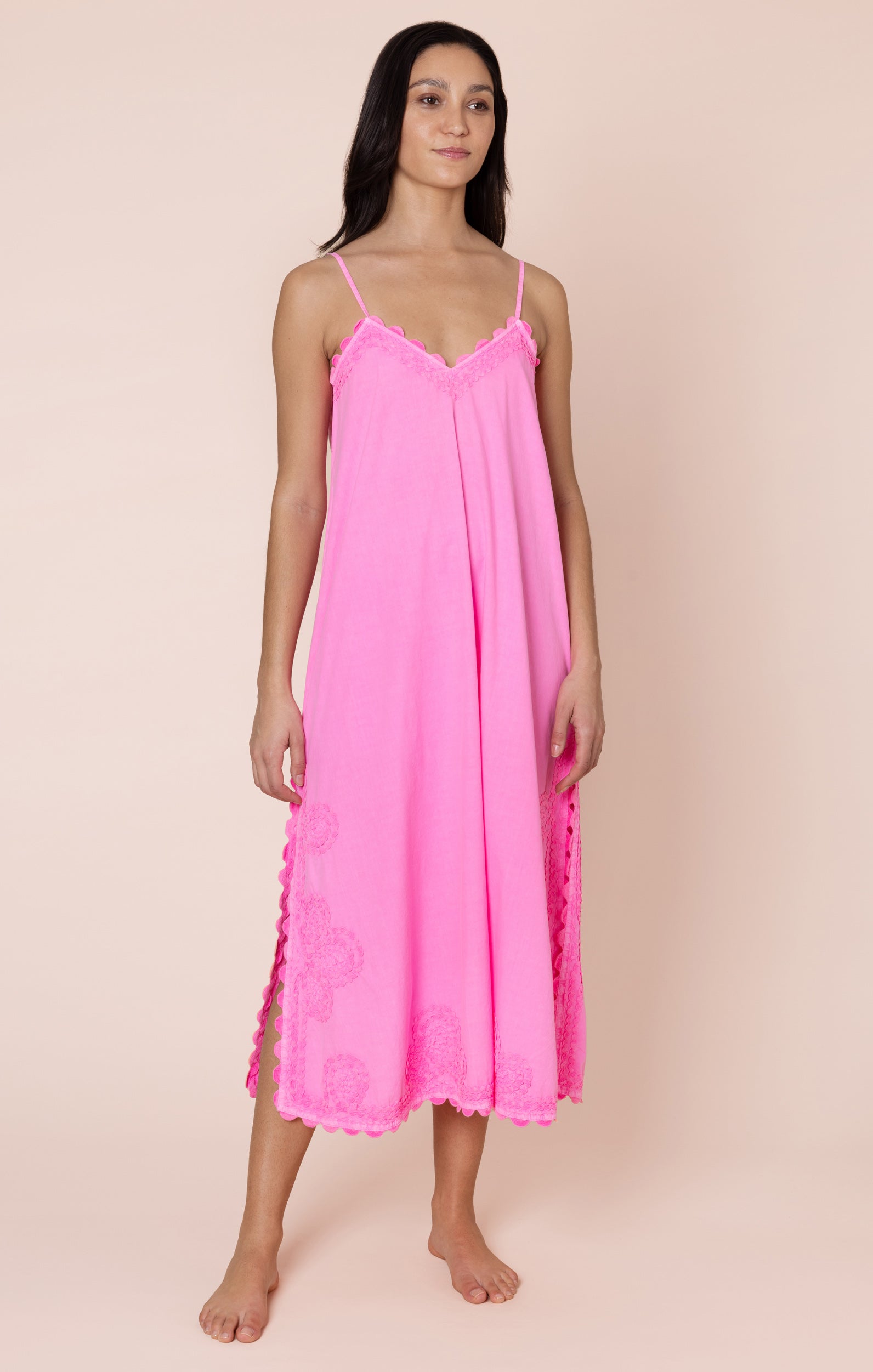 Hot Pink Poplin Midi Slip Dress with Ric Rac Embroidery → Juliet Dunn London