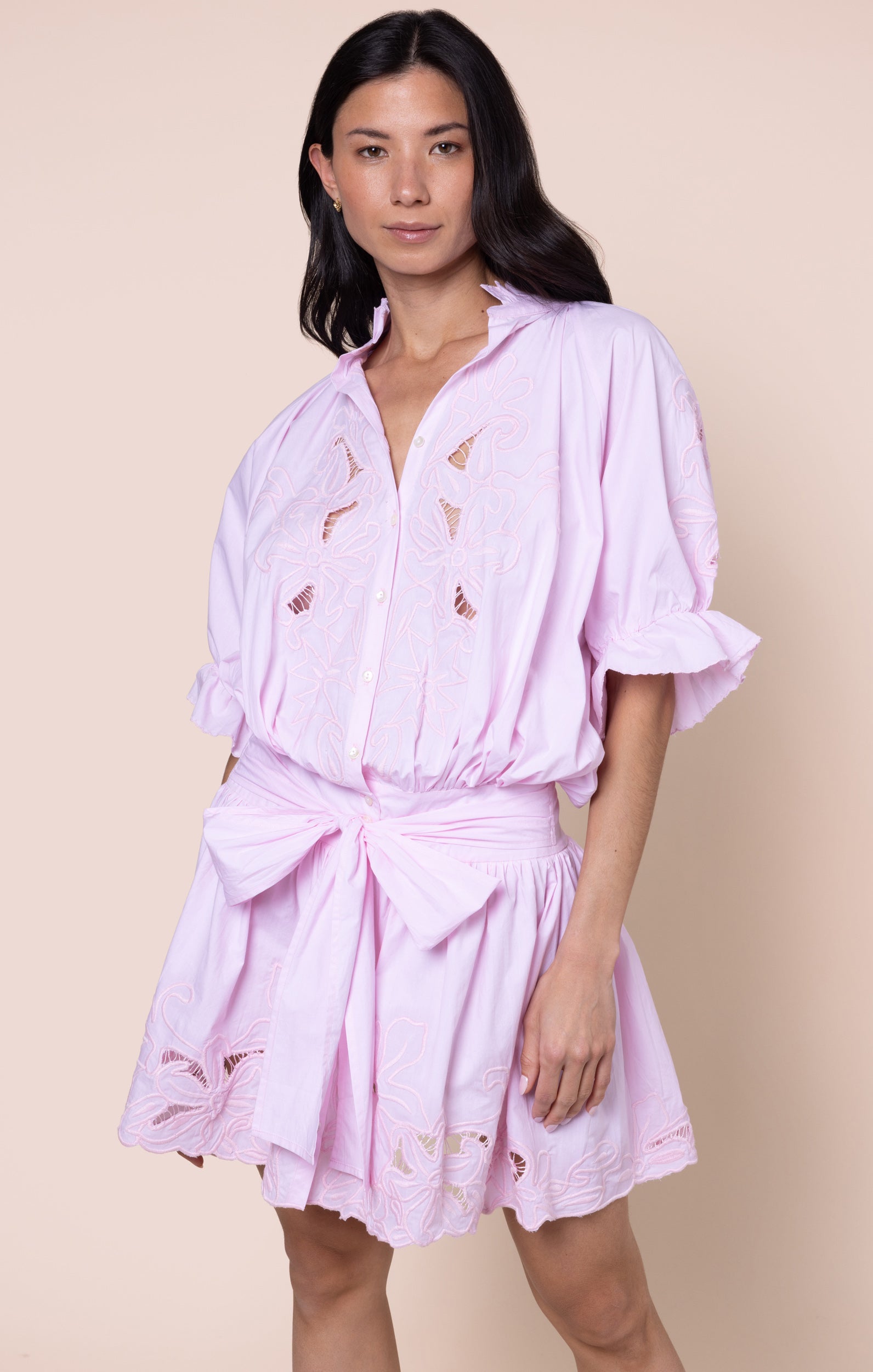 juliet dunn shirt dress Juliet Dunn Blouson Dress With Wave Embroidery In Pale Blue