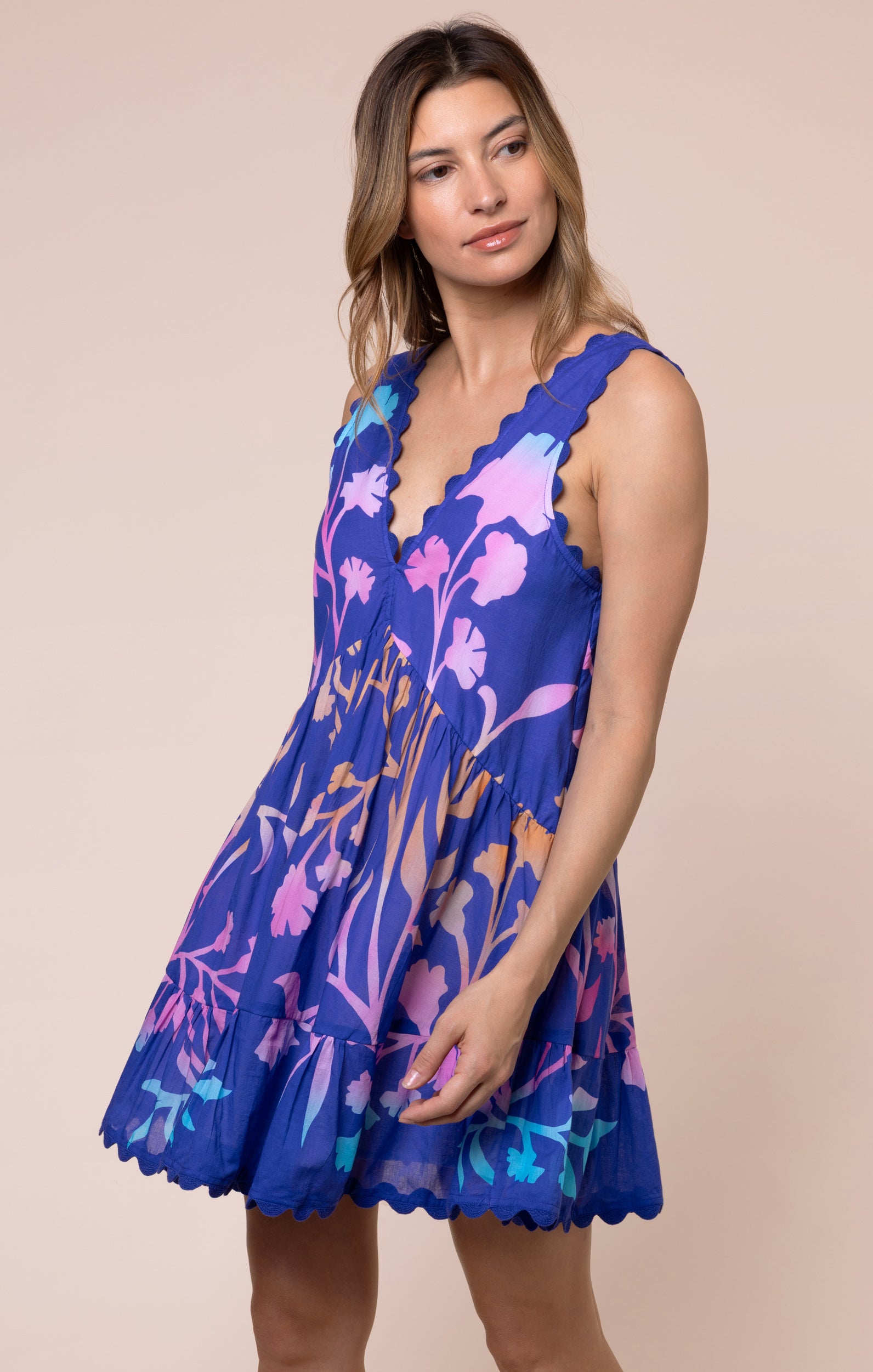 Blue V Back Mini Dress with Majorelle Tie Dye Print Juliet Dunn London Blue V Back Mini Dress with Majorelle Tie Dye Print Juliet Dunn London