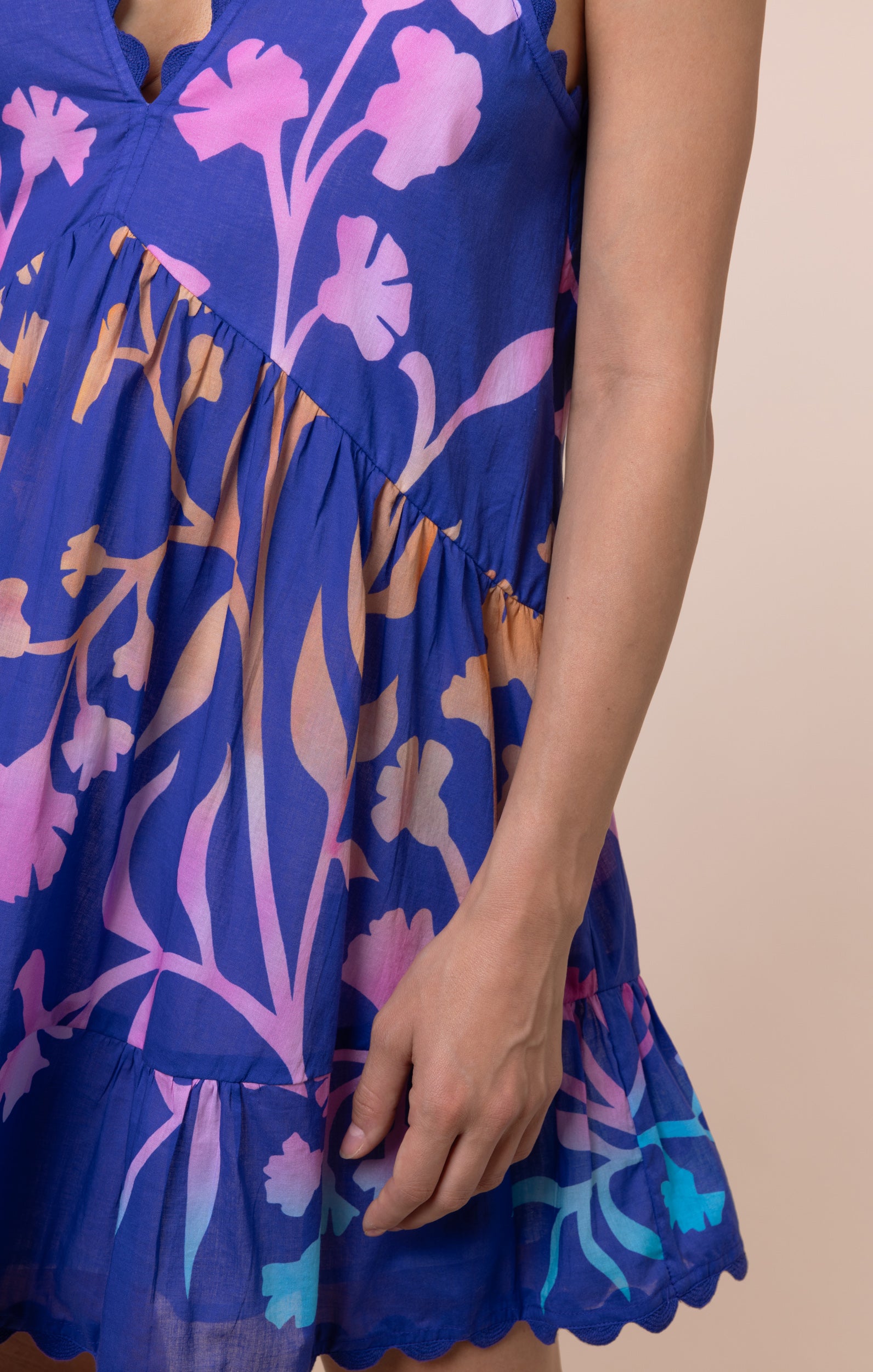 Blue V Back Mini Dress with Majorelle Tie Dye Print → Juliet Dunn London