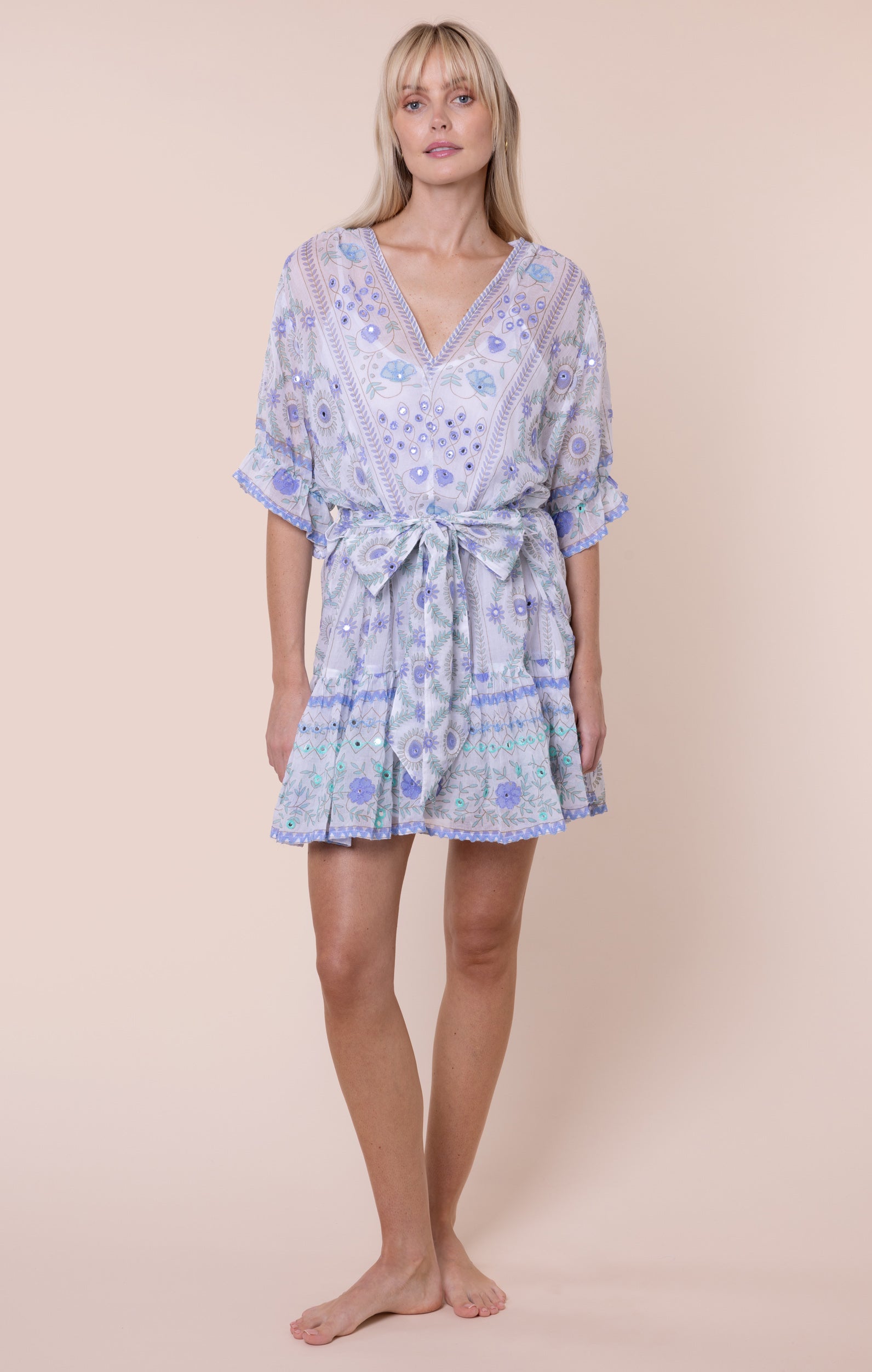 White & Blue Mexican Print Tie Waist Mini Dress with Mirrors  Juliet Dunn  London