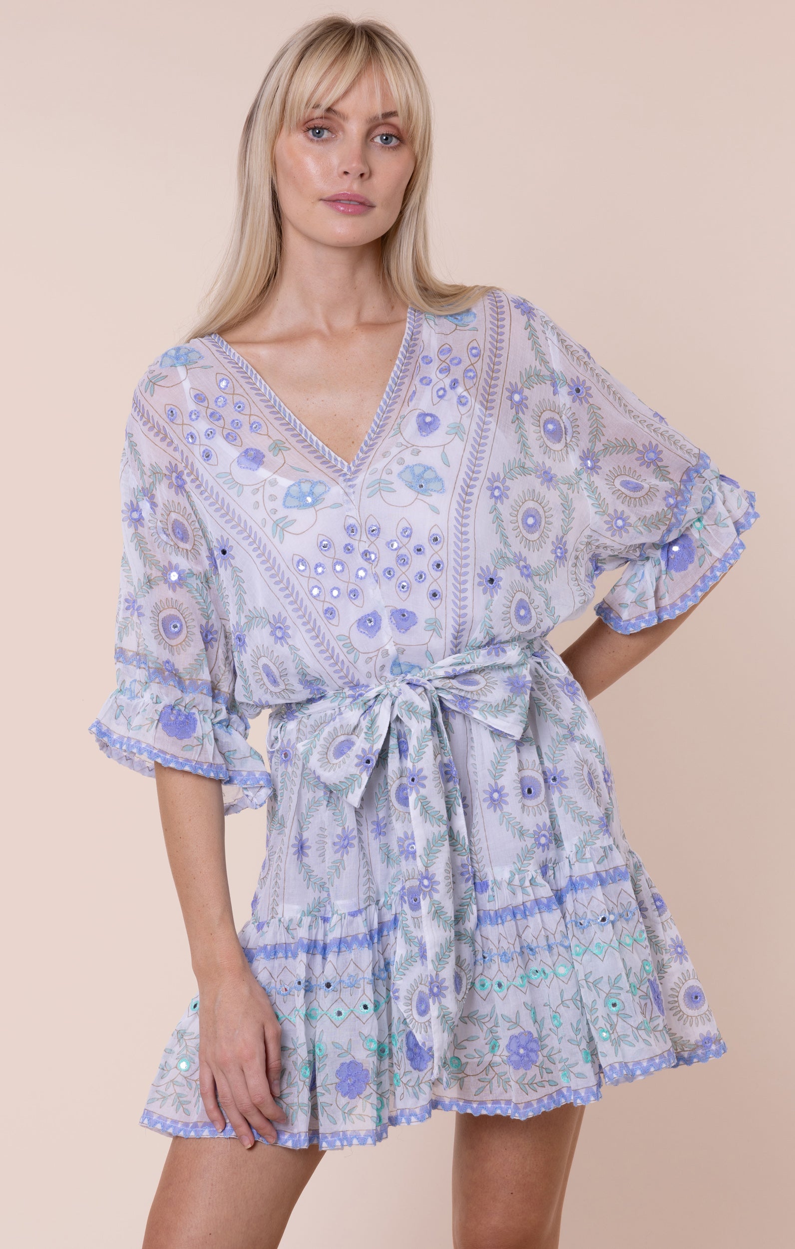 White & Blue Mexican Print Tie Waist Mini Dress with Mirrors Juliet Dunn London White & Blue Mexican Print Tie Waist Mini Dress with Mirrors Juliet Dunn London
