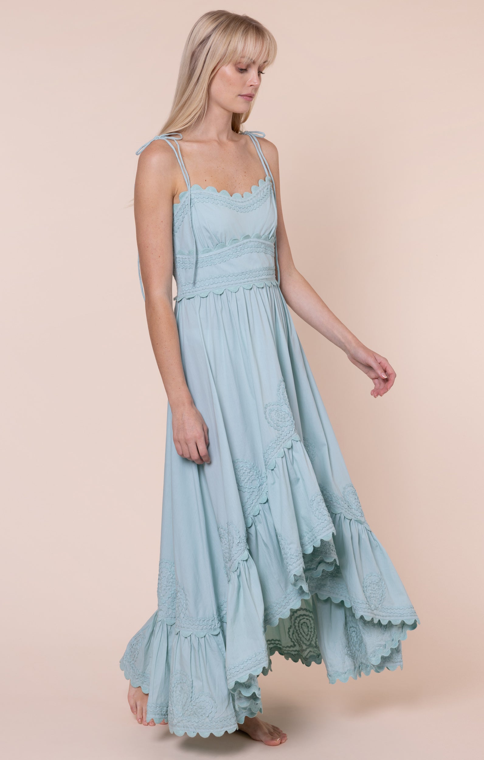 Pistachio Poplin High-Low Dress with Ric Rac Embroidery → Juliet Dunn London