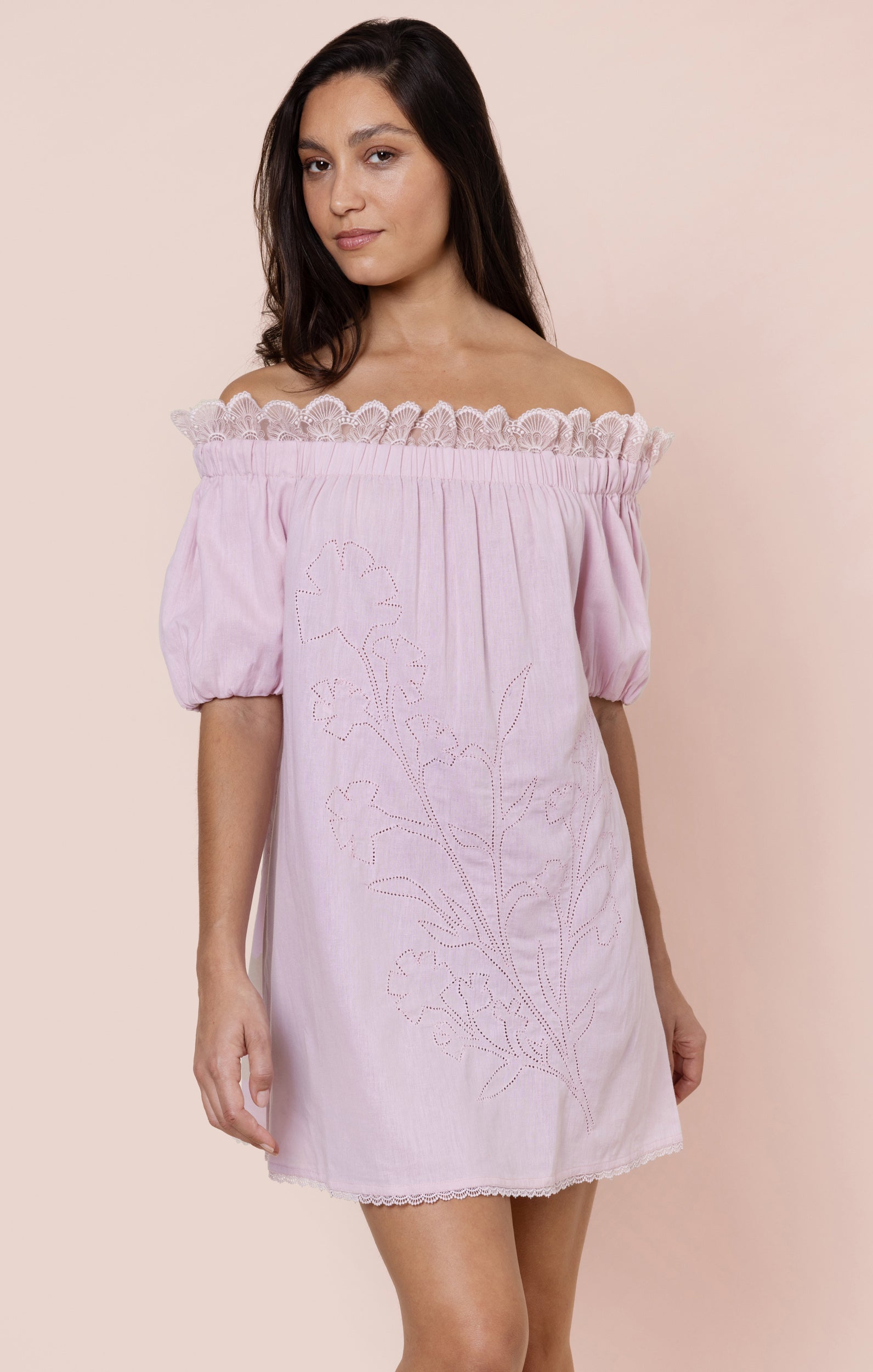Ballet Pink Off Shoulder Dress with Eyelet Stitch and Lace Juliet Dunn London Ballet Pink Off Shoulder Dress with Eyelet Stitch and Lace Juliet Dunn London
