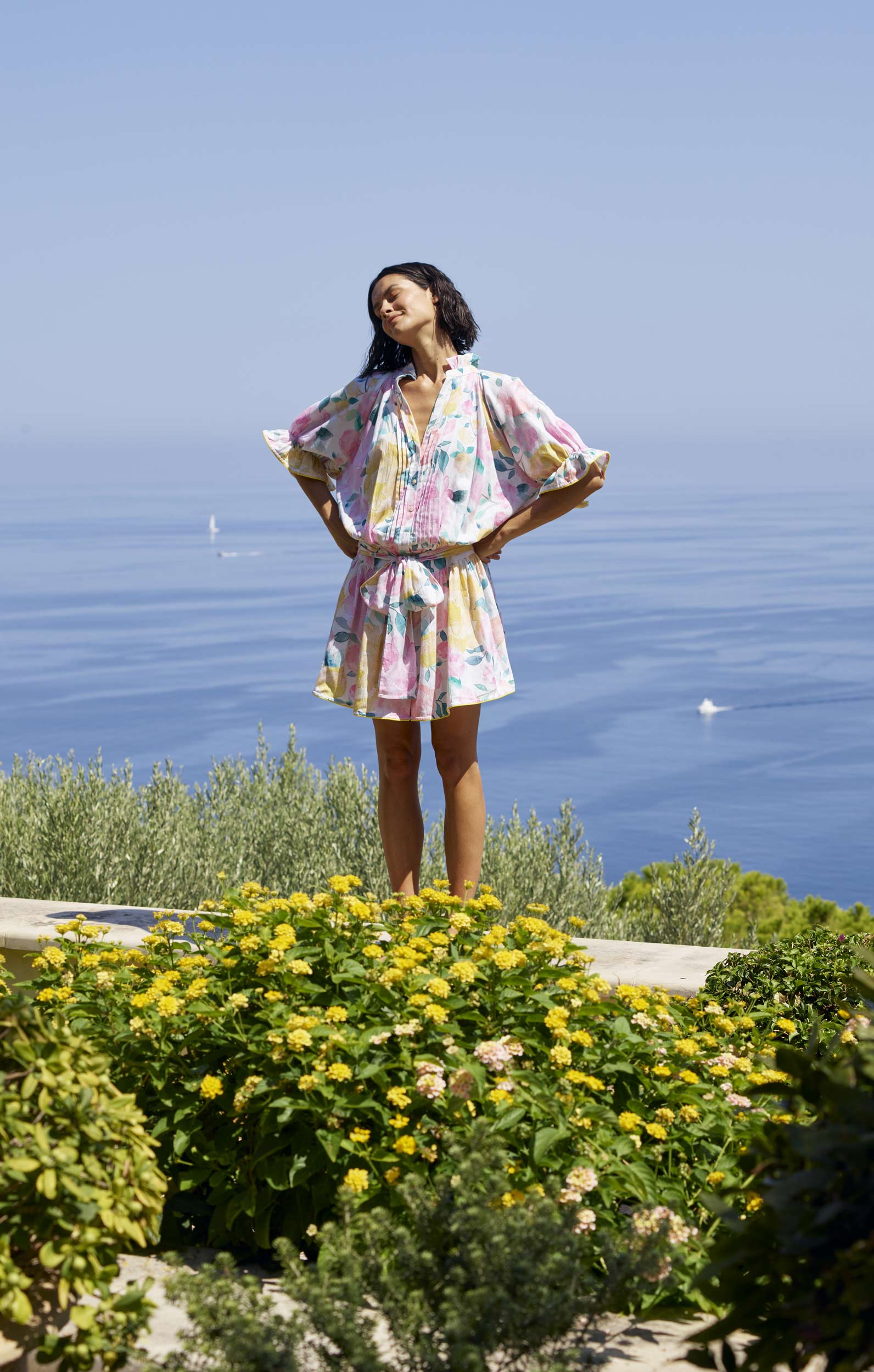 Long Sleeve Beach Dress in Sapphire Palladio Print → Juliet Dunn London