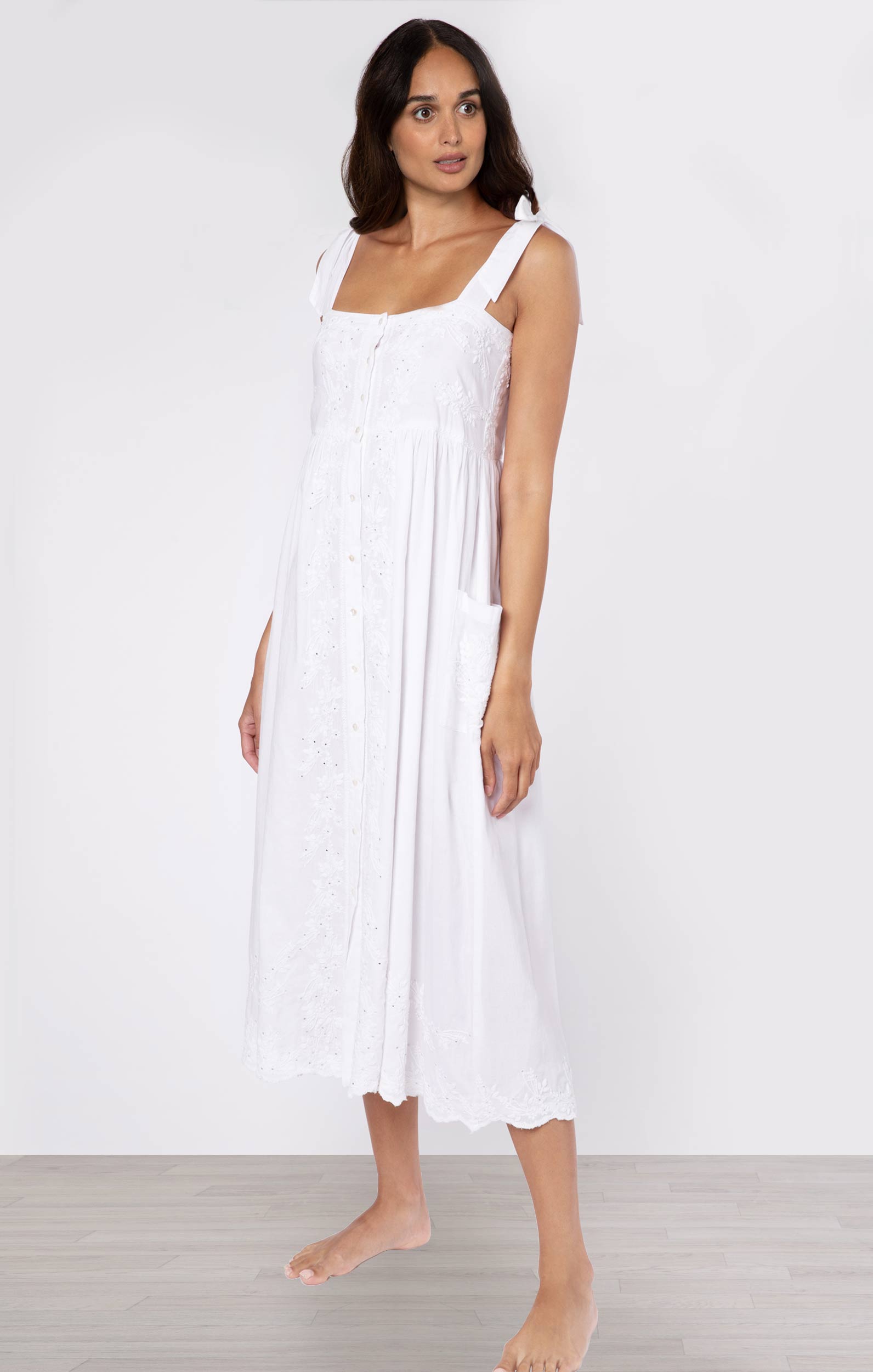 White Hand Embroidered Tie Shoulder Dress → Juliet Dunn London