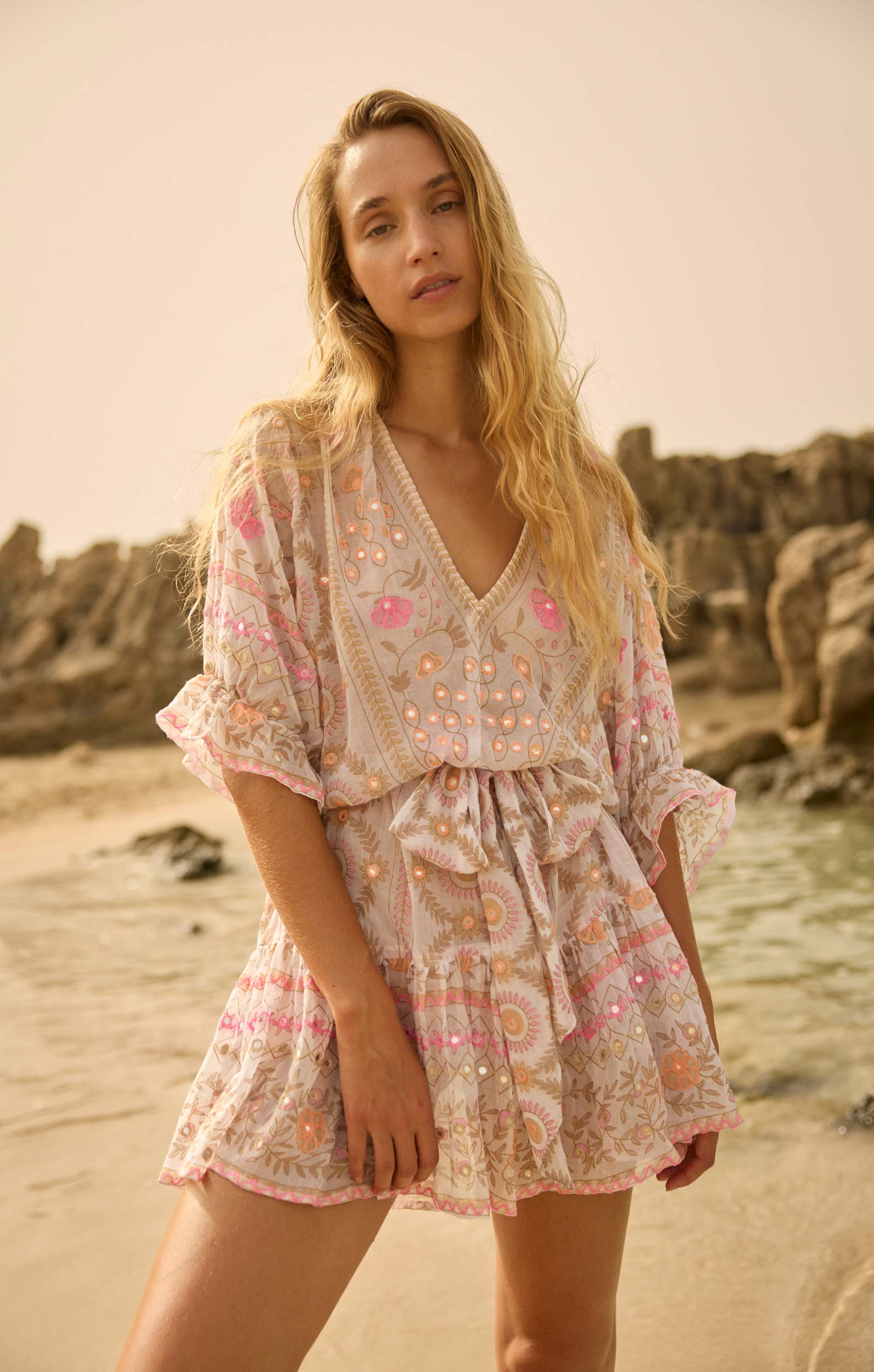White & Pink Mexican Print Tie Waist Mini Dress with Mirrors Juliet Dunn London White & Pink Mexican Print Tie Waist Mini Dress with Mirrors Juliet Dunn London
