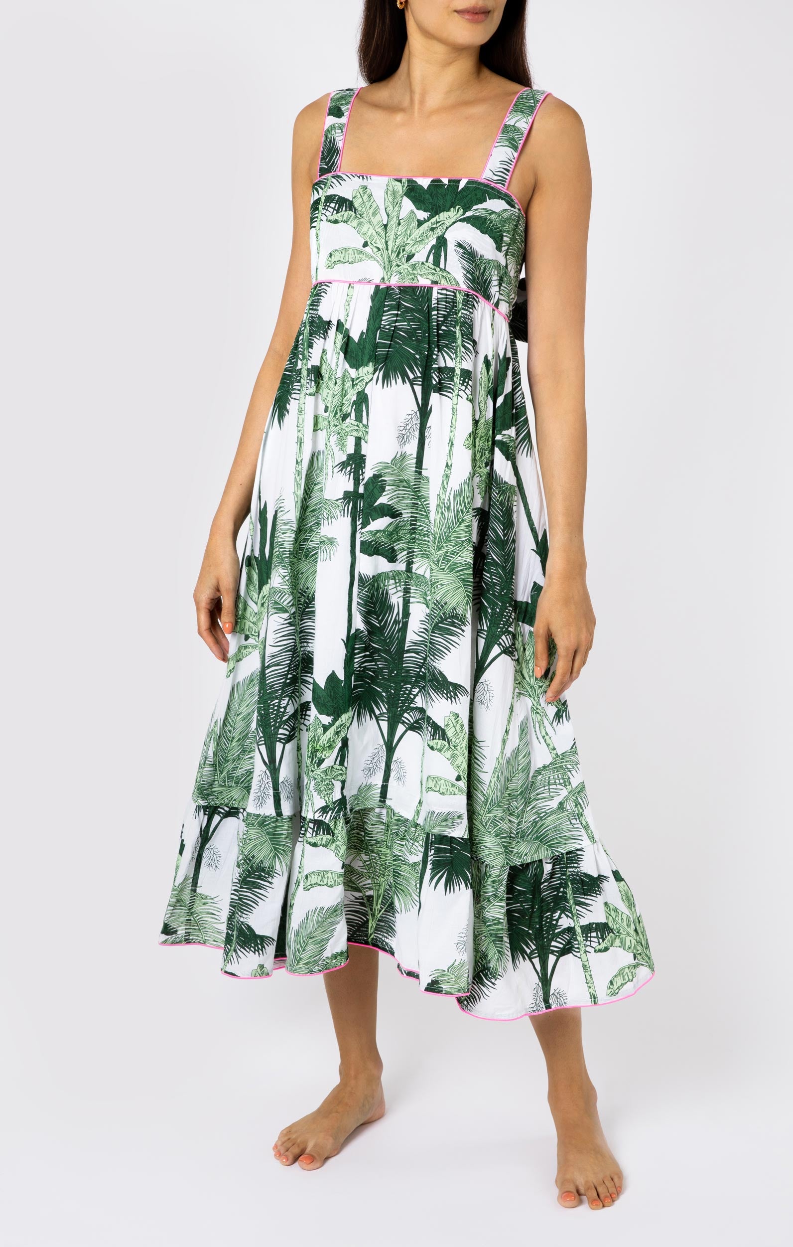 Bow Back Dress in Green Palm Print → Juliet Dunn London